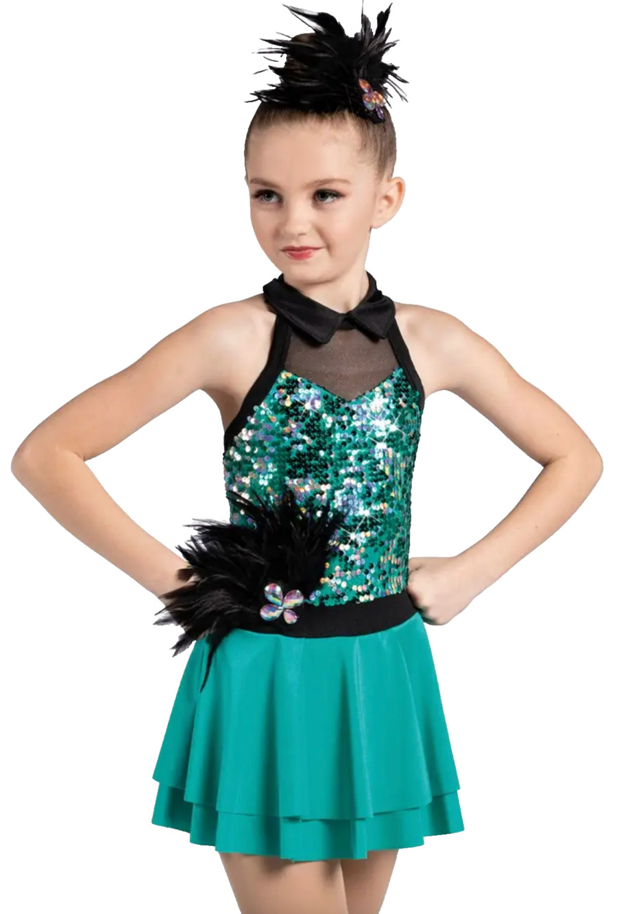 Emerald Green and Black Feather Sparkly Sequin Dance Costume Dress Adult XXL
